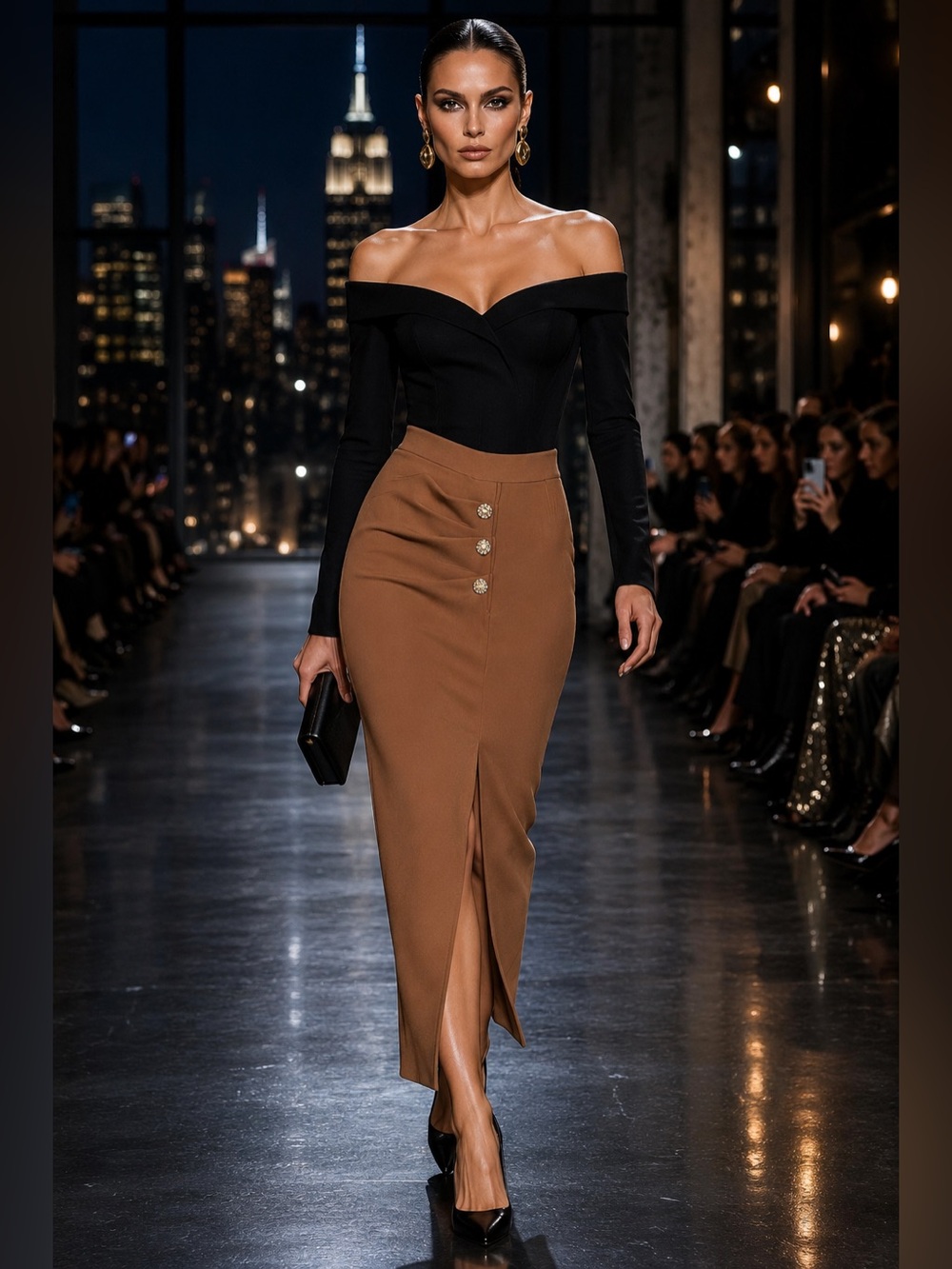 AKIRA Caramel -Brown Midi Pencil Skirt with Front Slit and Statement Buttons
